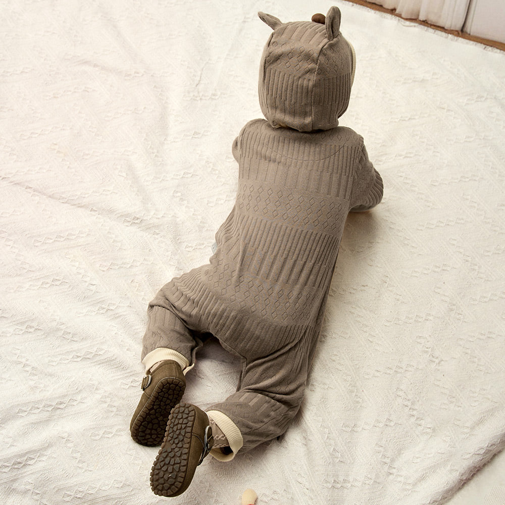 Knit Texture + Embroidered Patch + Two-Way Zipper Baby Romper
