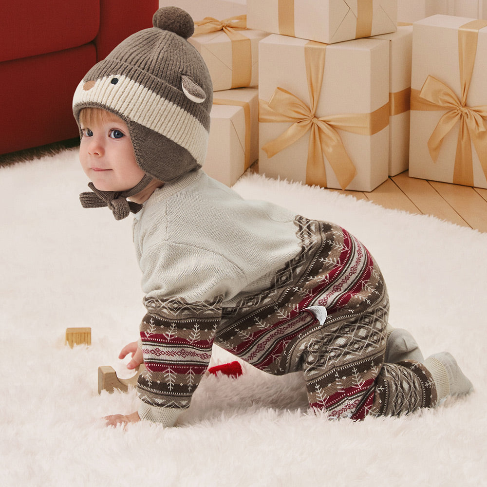 Fleece-Lined Baby Romper with Fair Isle Knit Print | Cozy One-Piece for Mild Winter (10°C–20°C)