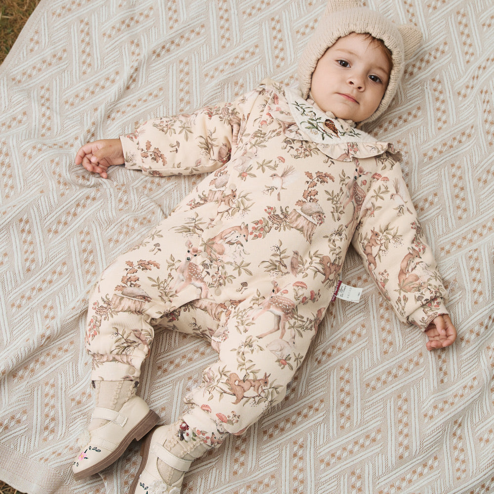 Floral Garden Cotton Baby Romper with Embroidered Collar | Cozy Padded One-Piece (5°C–15°C)