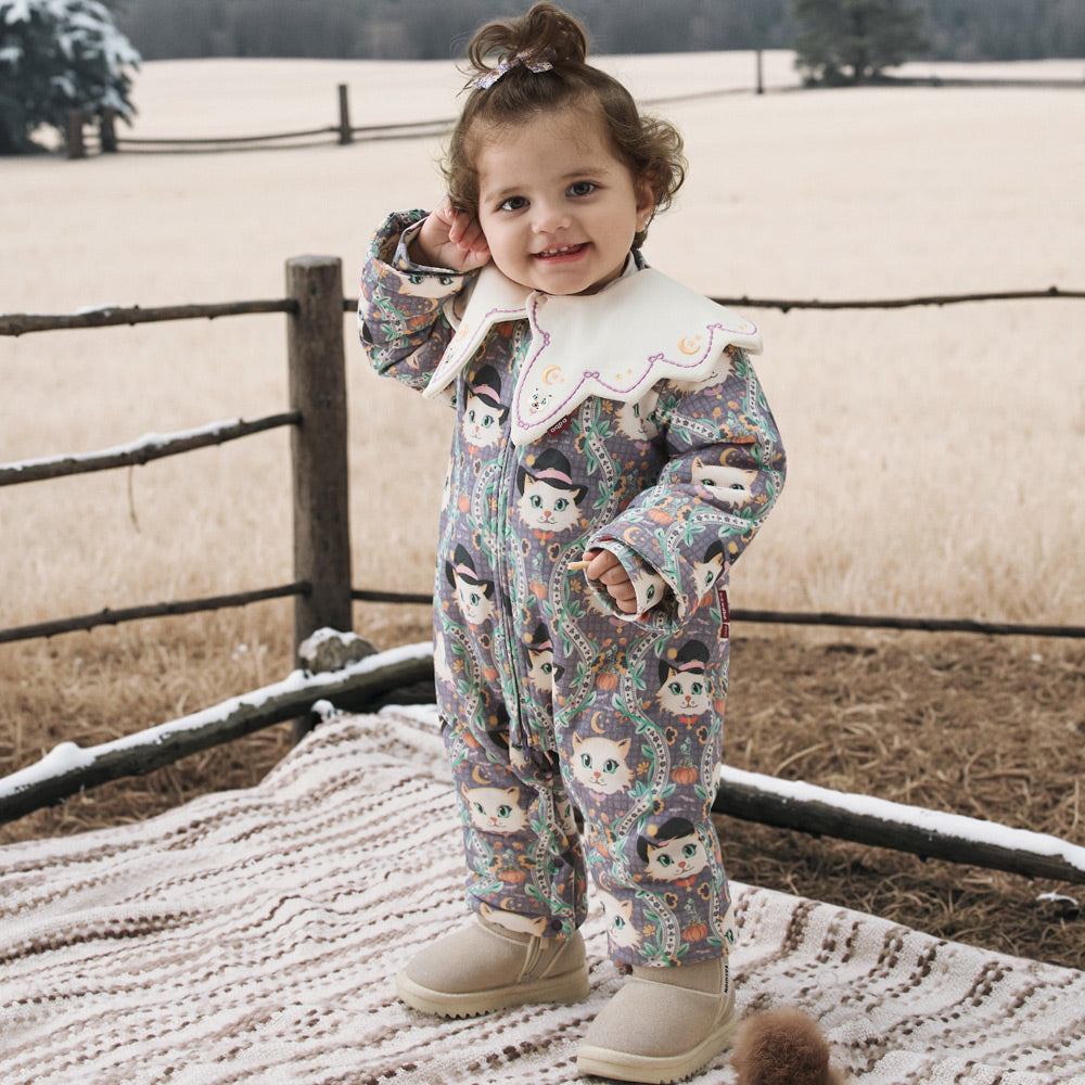 Cozy Cotton Baby Romper with Magical Cat Print | Soft Winter One-Piece for 0°C–15°C