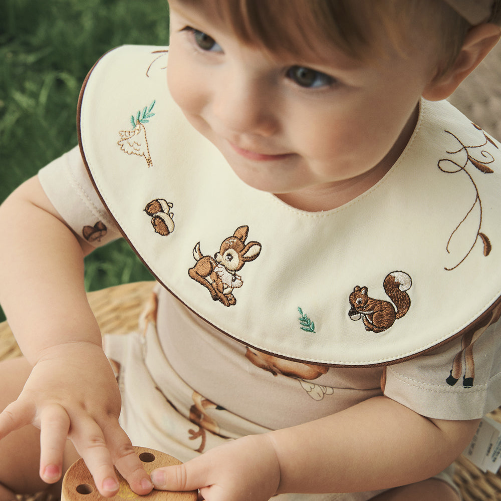 Cotton Baby Bib with Embroidered Woodland Animals – Soft & Gentle for Sensitive Skin