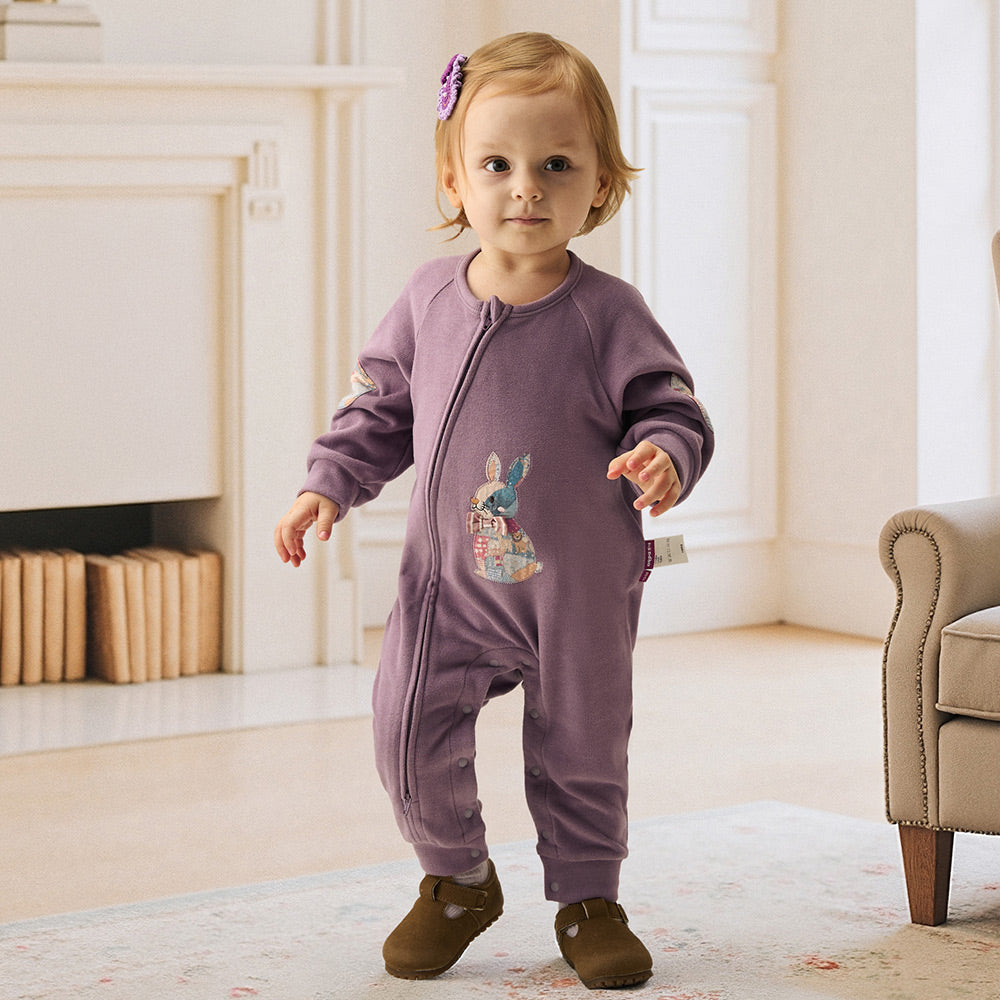 Fleece-Lined Bunny Patch | Thermal Warmth | YKK Two-Way Zipper | Purple Baby Romper