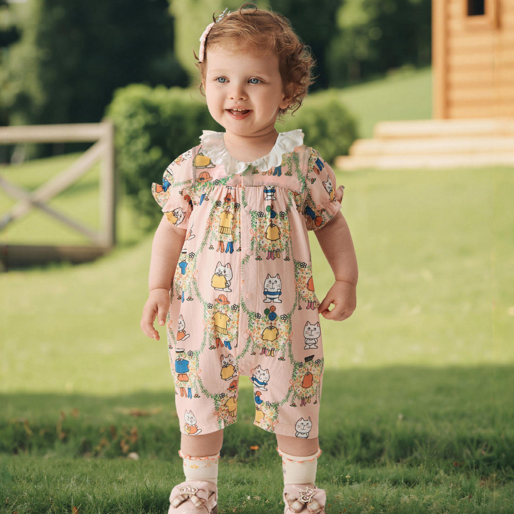 🐾 Meow & Friends Baby Romper 🦄 Soft Cotton One-Piece for Baby Girls | Cute Kitty Print & Ruffle Details ✨