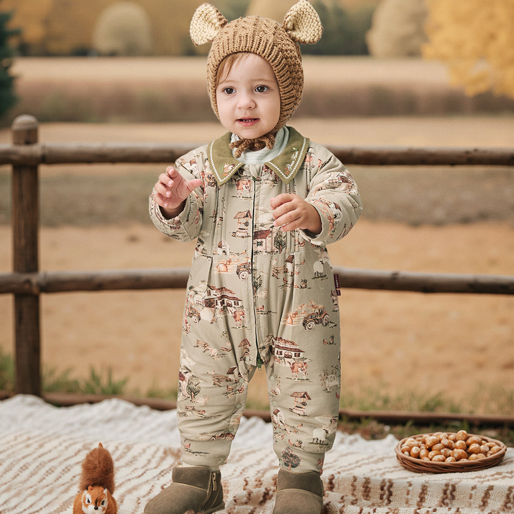Lightweight Cotton Baby Romper with Countryside Print | Cozy Padded One-Piece for Mild Winter (5°C~15°C)