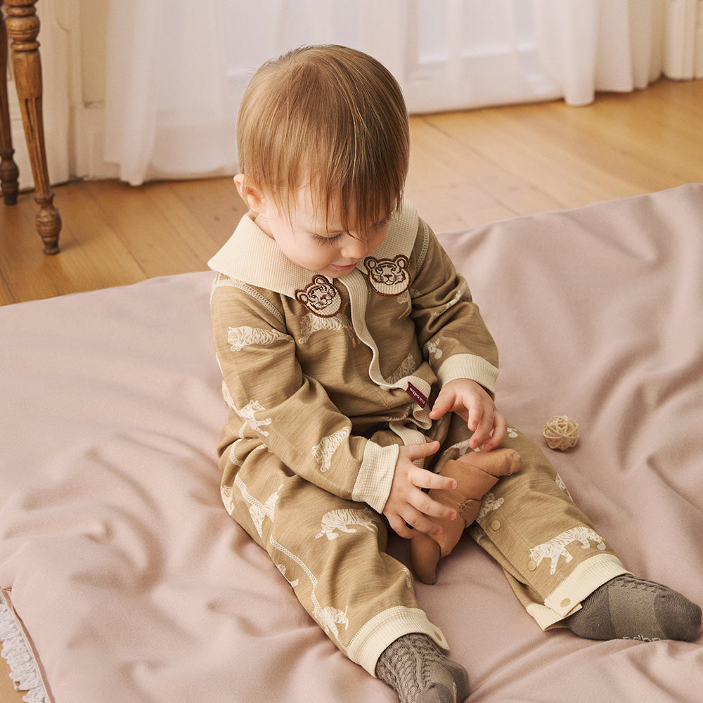 Tiger Embroidery + Waffle Cuffs + Cotton Baby Romper