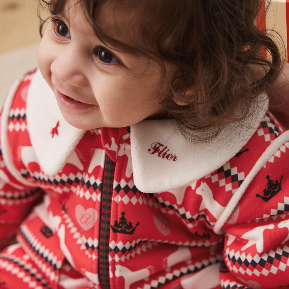 Festive Fair Isle Baby Romper in Red | Cozy Cotton One-Piece with Contrast Collar (5°C–15°C)