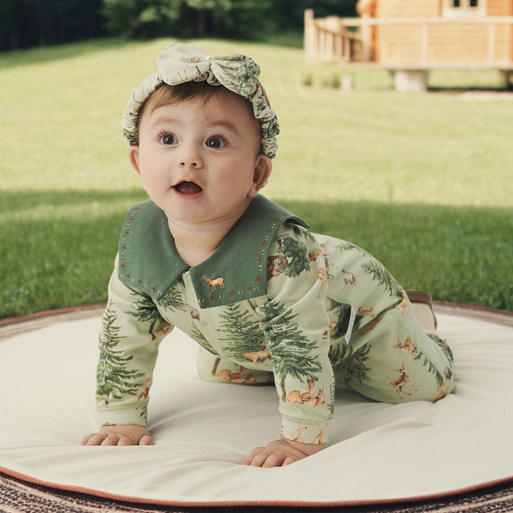 Train Embroidery Statement Collar Long Sleeve Romper in Green (3mths-2yrs)