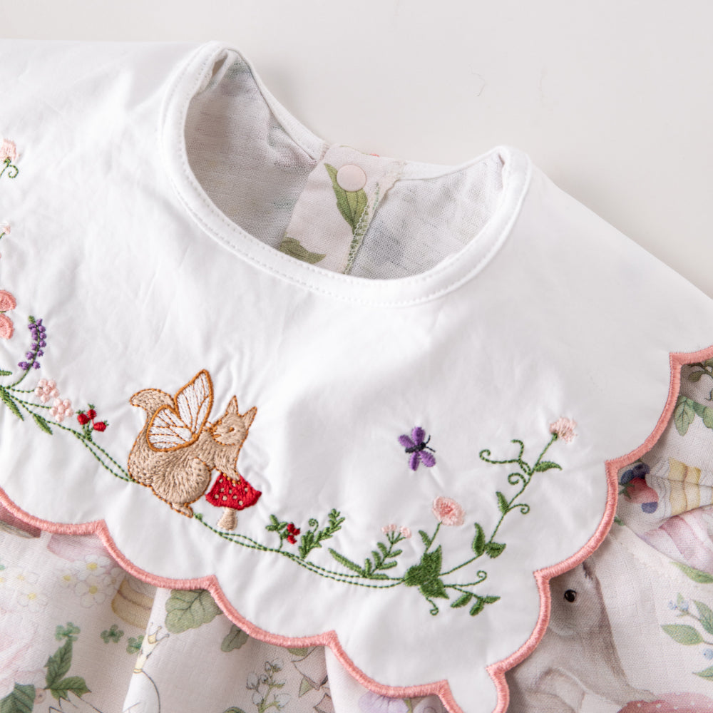 Embroidered Baby Girl Top Fairy Forest Ruffle Blouse with Peter Pan Collar