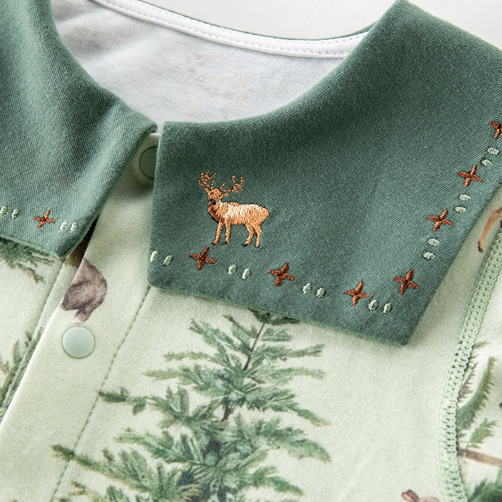 Train Embroidery Statement Collar Long Sleeve Romper in Green (3mths-2yrs)