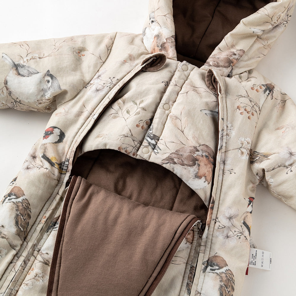 Baby Corduroy Bird Romper – 3-Layer “Sandwich” Thermal System | 160g Cotton Filling | Perfect for 5℃–15℃ Weather