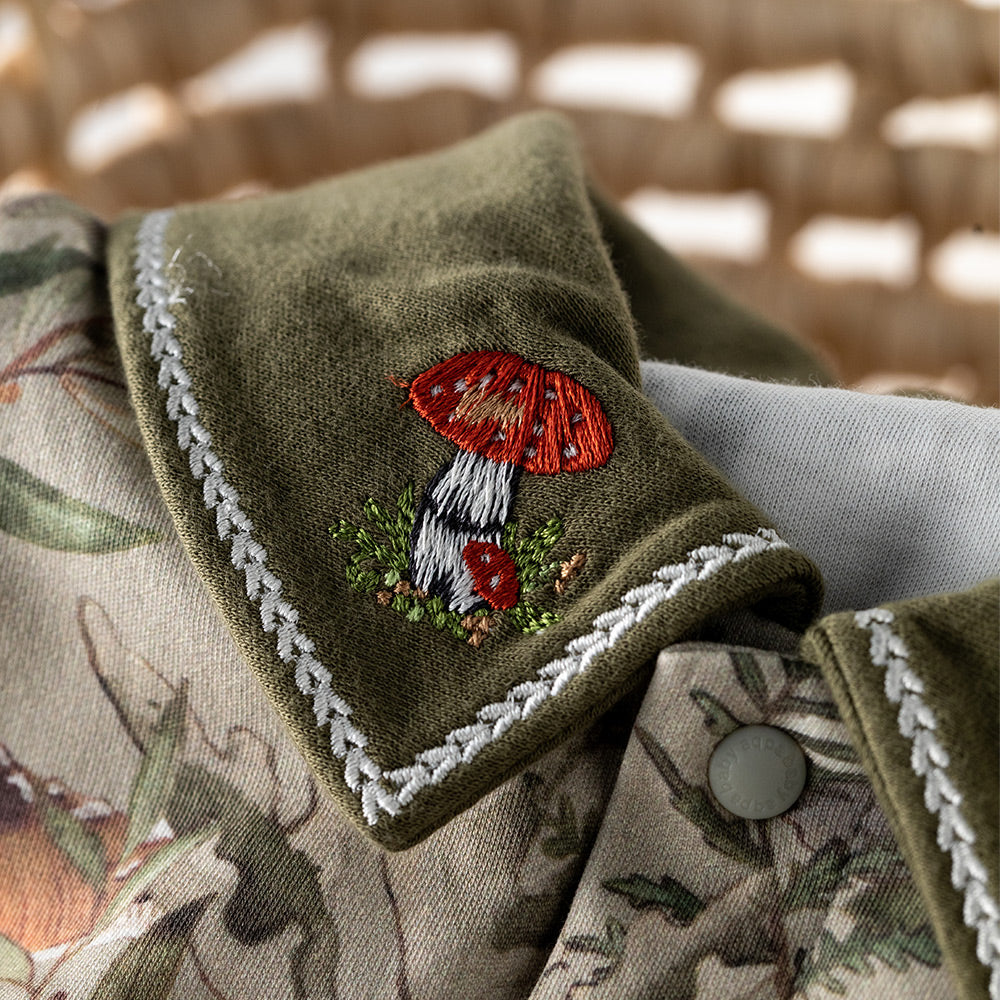 Baby Romper – Forest Mushroom Print with Embroidered Collar | Lightweight Snap Jumpsuit for Easy Diaper Change