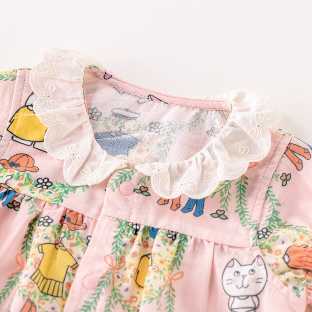 🐾 Meow & Friends Baby Romper 🦄 Soft Cotton One-Piece for Baby Girls | Cute Kitty Print & Ruffle Details ✨
