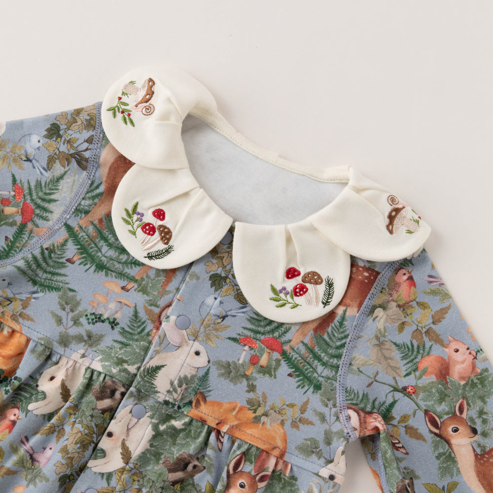 Baby Onesie – Woodland Animal Romper with Embroidery & Petal Collar