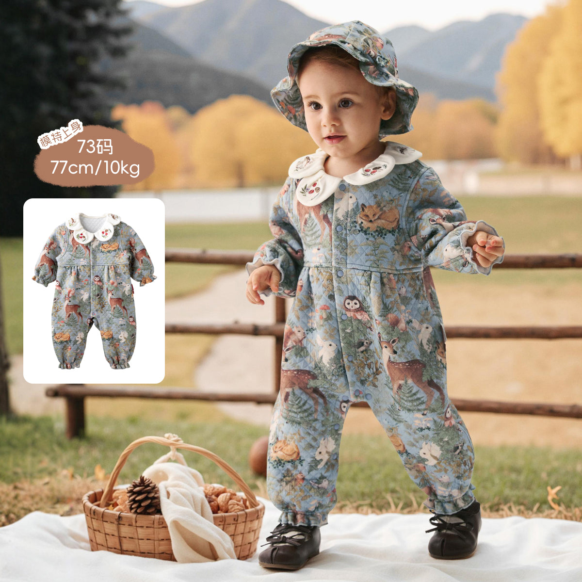 Woodland Animal Romper with Embroidery & Petal Collar