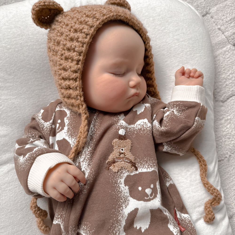 Teddy Bear Pattern | Dual-Tone Yarn | Textured Jacquard Baby Romper