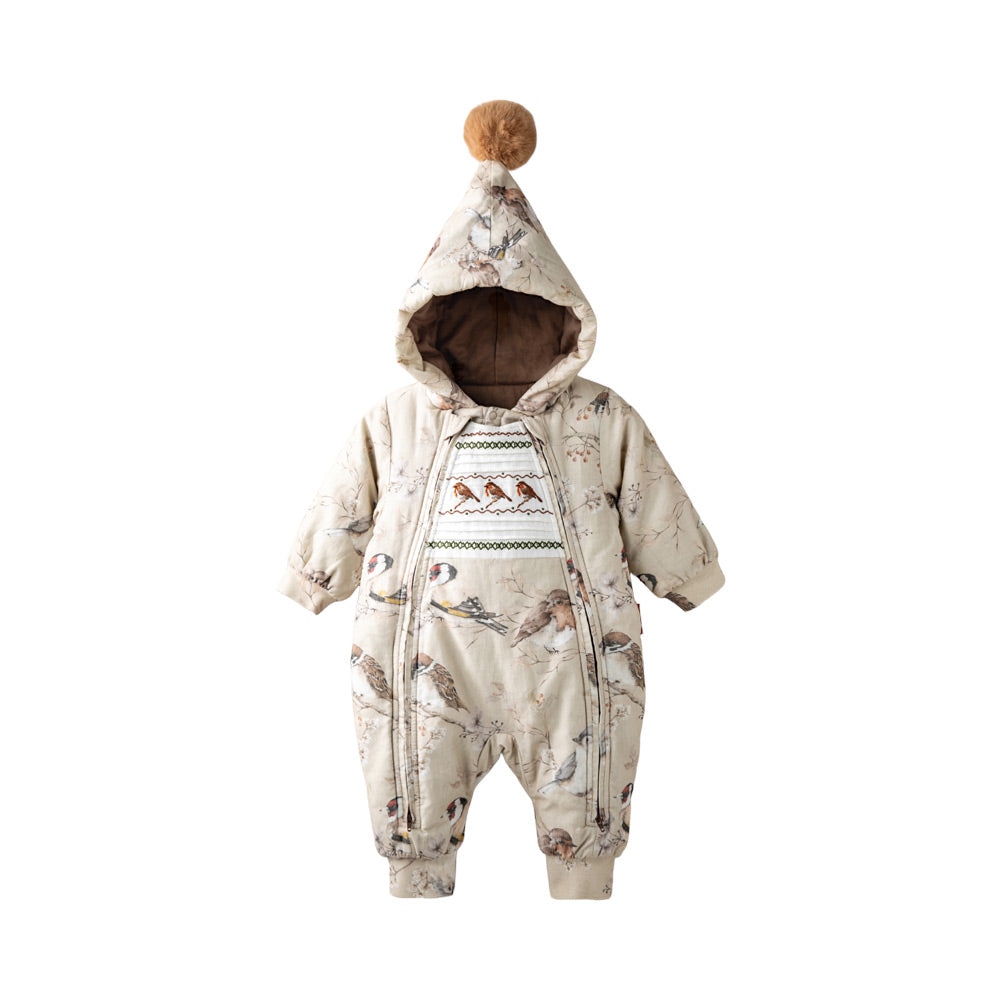 Baby Corduroy Bird Romper – 3-Layer “Sandwich” Thermal System | 160g Cotton Filling | Perfect for 5℃–15℃ Weather