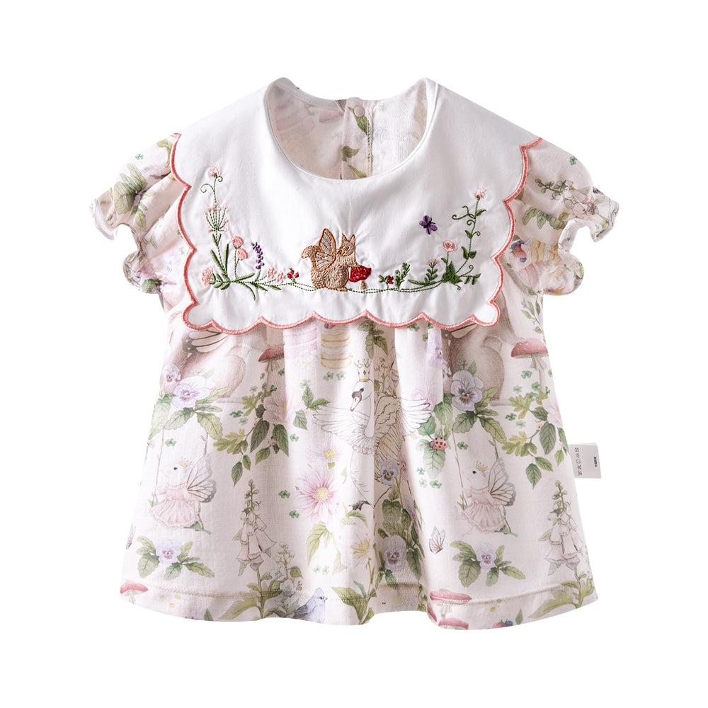 Embroidered Baby Girl Top Fairy Forest Ruffle Blouse with Peter Pan Collar