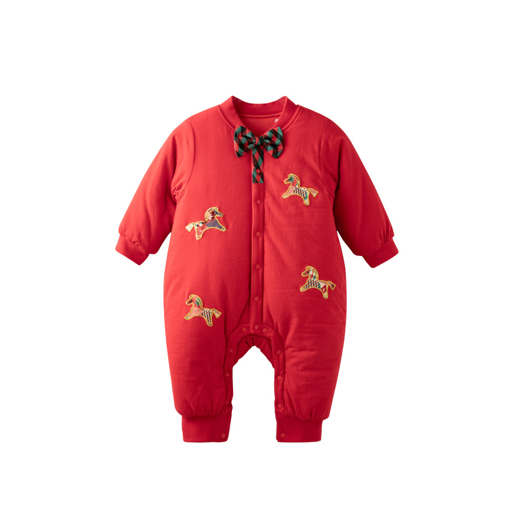 Festive Red Baby Romper | Soft Warm Cotton One-Piece with Christmas Embroidery (5°C–15°C)