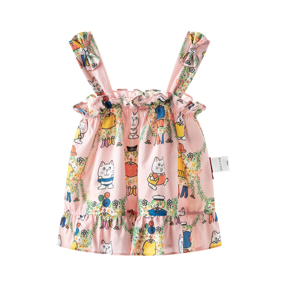 🐱 Kitty Fun Baby Top – Soft Cotton with Ruffle Straps | Baby Girl Summer Tank 🌸