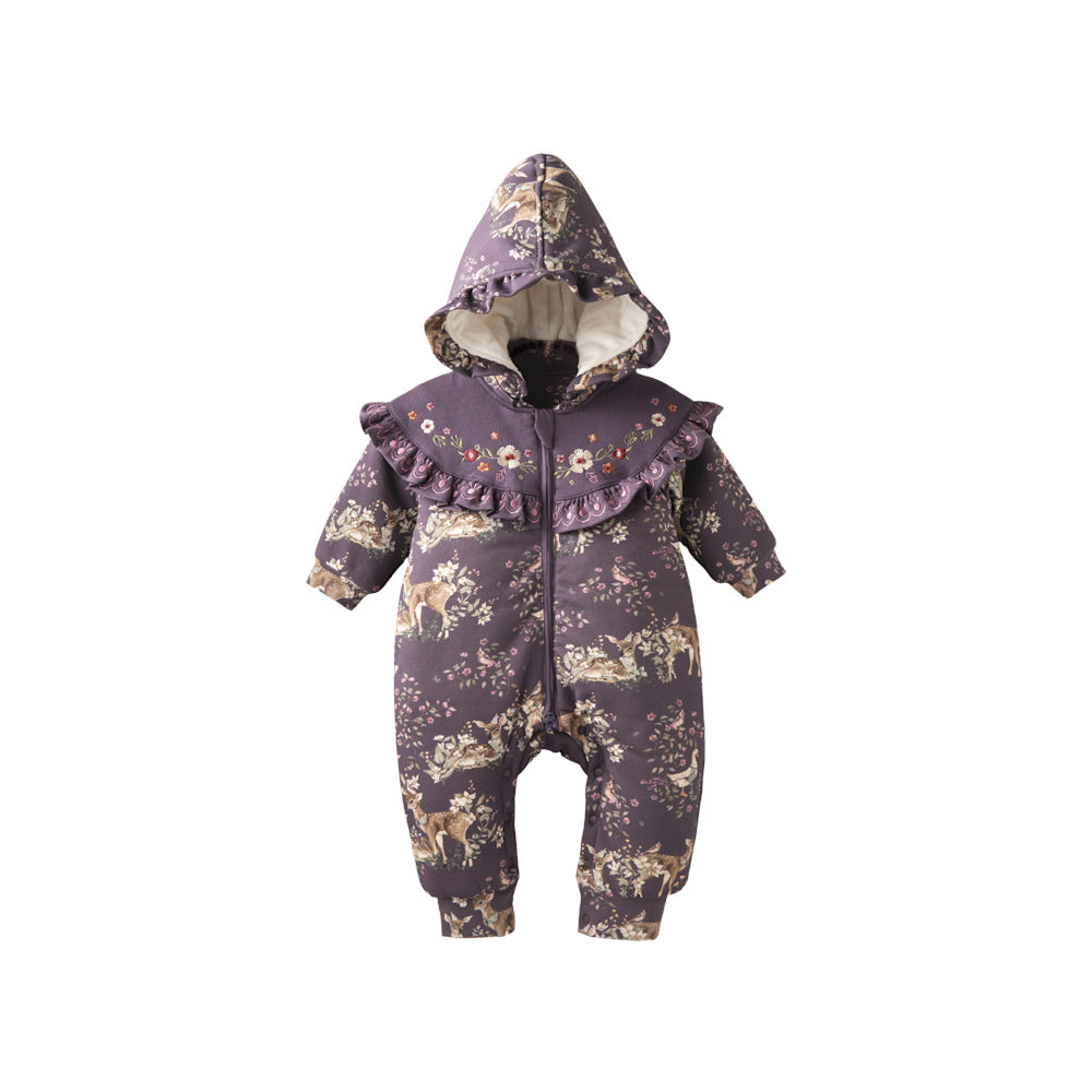 Floral Embroidered Cotton Baby Romper | Cozy Hooded One-Piece with Ruffle Cape (5°C–15°C)