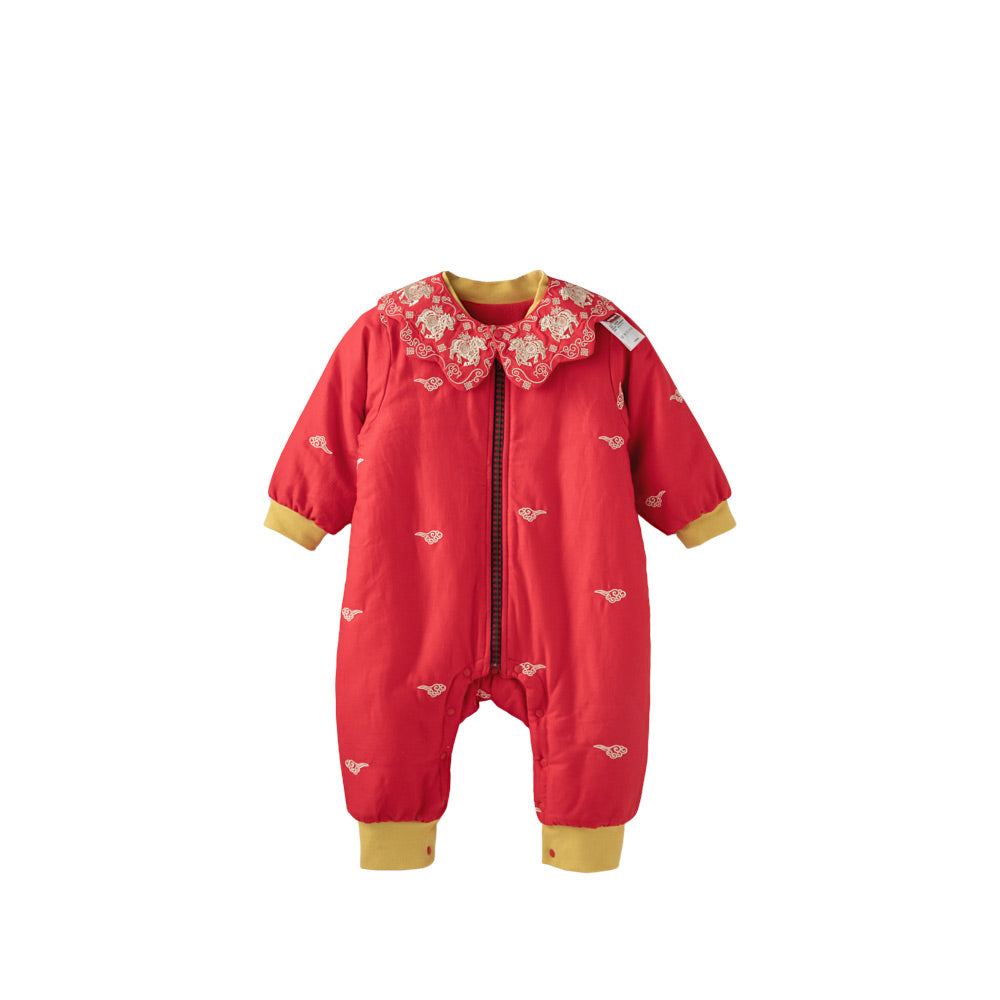 Festive Red Zipper Baby Romper | Soft Fleece-Lined Cotton One-Piece for Cool Weather (0°C–15°C)