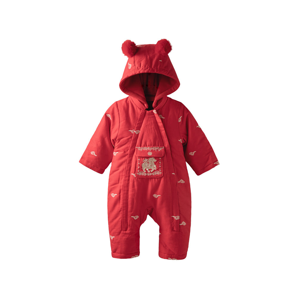 Festive Red Baby Romper with Scarf Hood | Soft Fleece-Lined Cotton One-Piece (0°C–15°C)