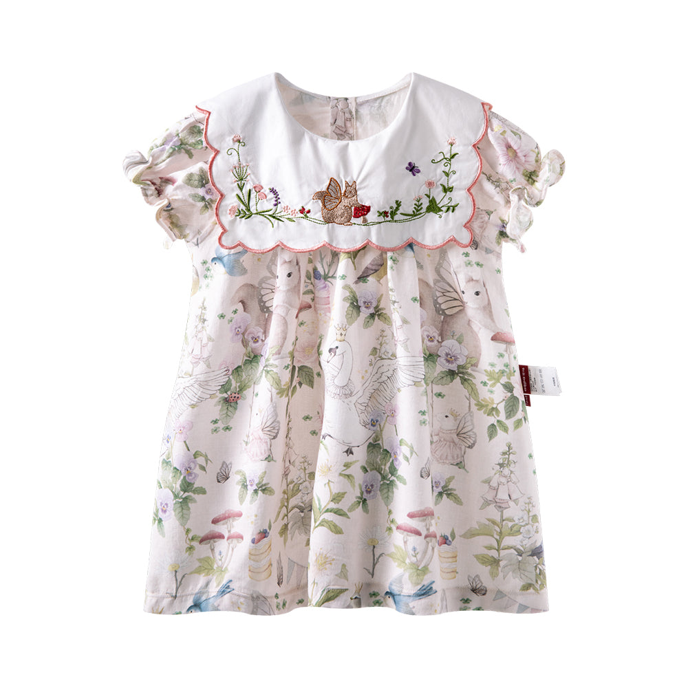 Cottage Garden Cotton Baby Dress with Embroidered Bib