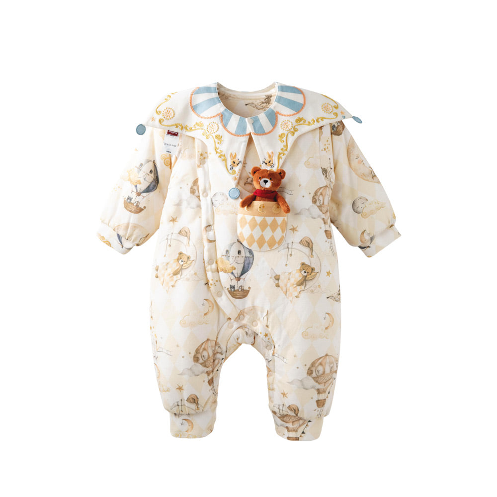 Vintage-Inspired Cotton Baby Romper with Peter Pan Collar | Cozy Storybook Print One-Piece (5°C–15°C)