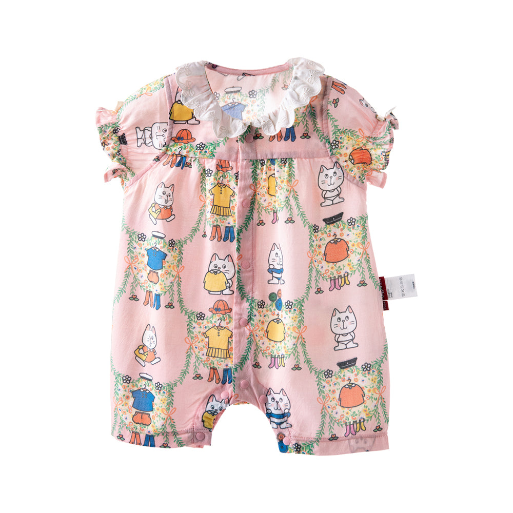 🐾 Meow & Friends Baby Romper 🦄 Soft Cotton One-Piece for Baby Girls | Cute Kitty Print & Ruffle Details ✨