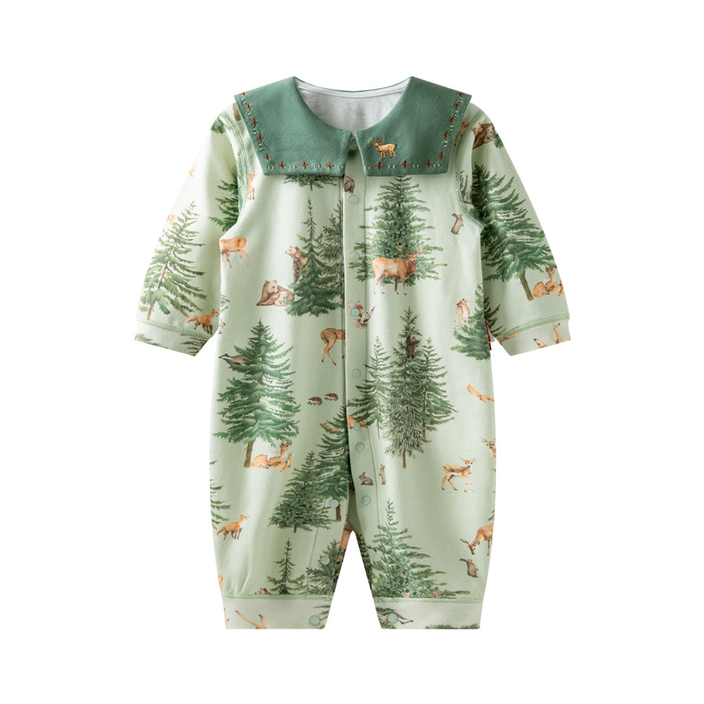 Train Embroidery Statement Collar Long Sleeve Romper in Green (3mths-2yrs)