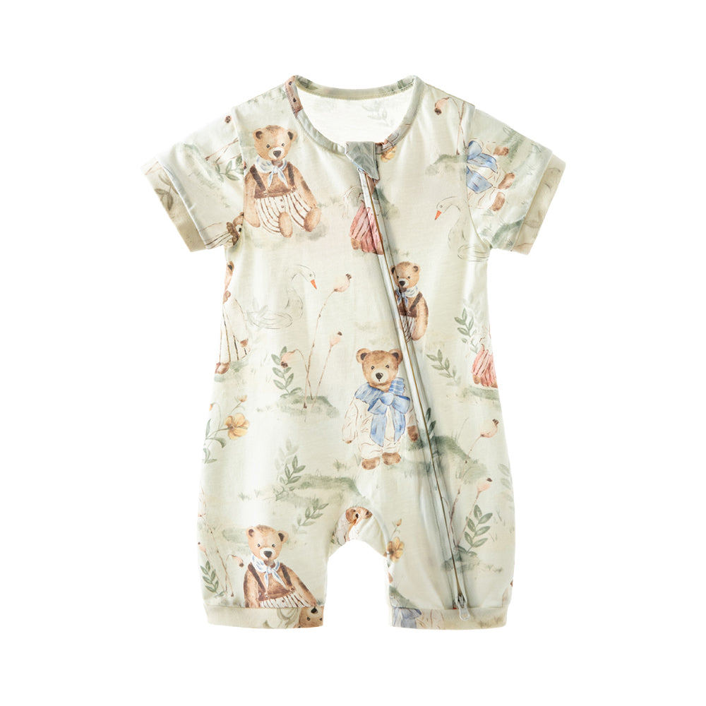 🌸 Soft Cotton Blend Baby Zip-Up Romper | Cute Teddy Bear Print | Breathable & Comfortable 🌿