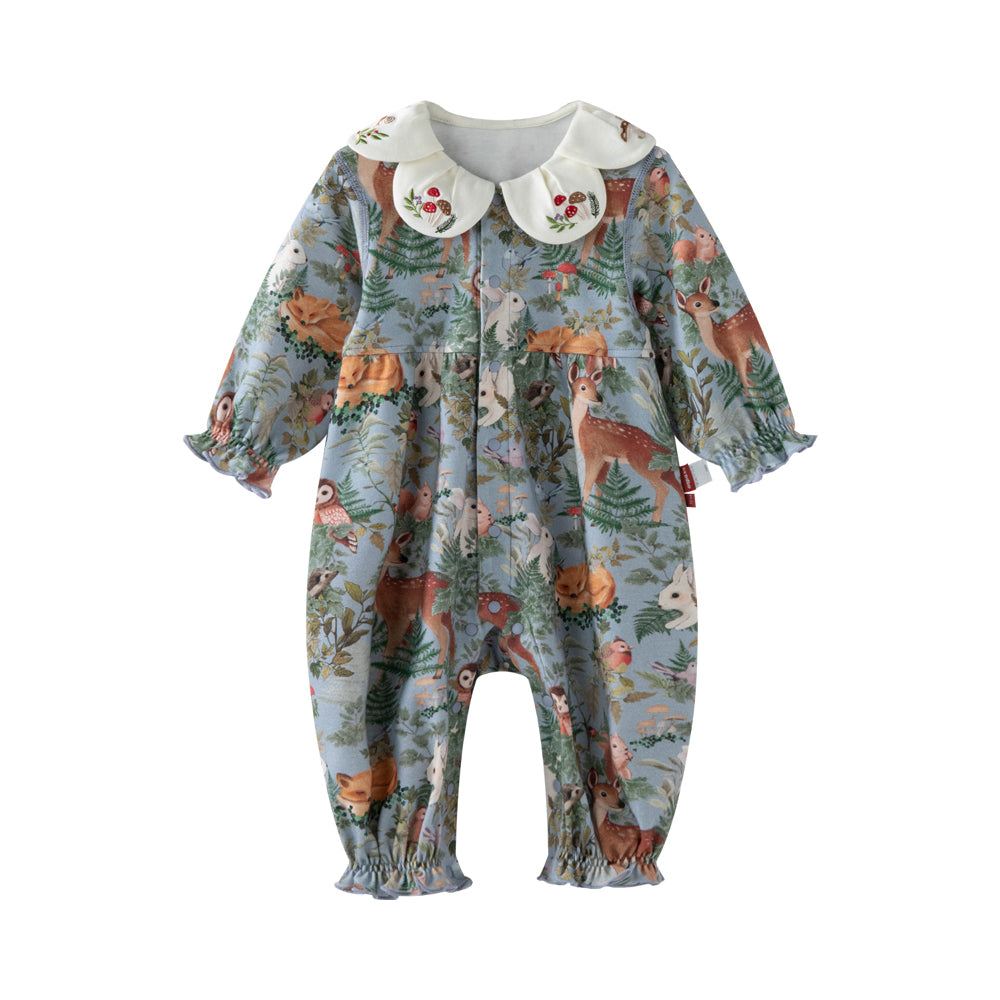 Baby Onesie – Woodland Animal Romper with Embroidery & Petal Collar