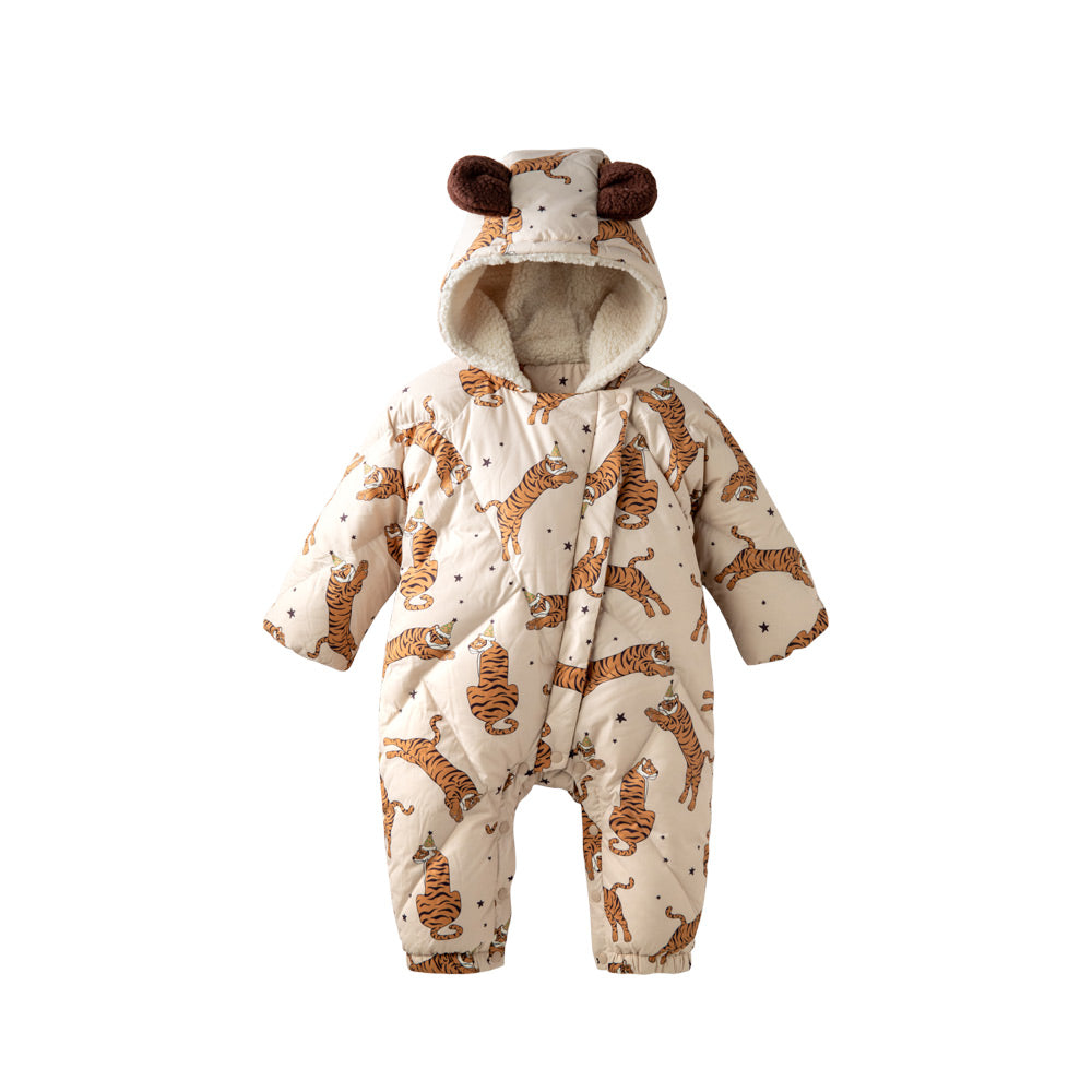 Warm Down Baby Snowsuit with Tiger Print | Cozy Winter Romper for Boys & Girls (-5°C~10°C)