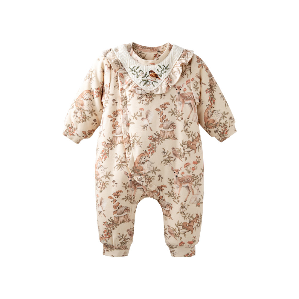 Floral Garden Cotton Baby Romper with Embroidered Collar | Cozy Padded One-Piece (5°C–15°C)