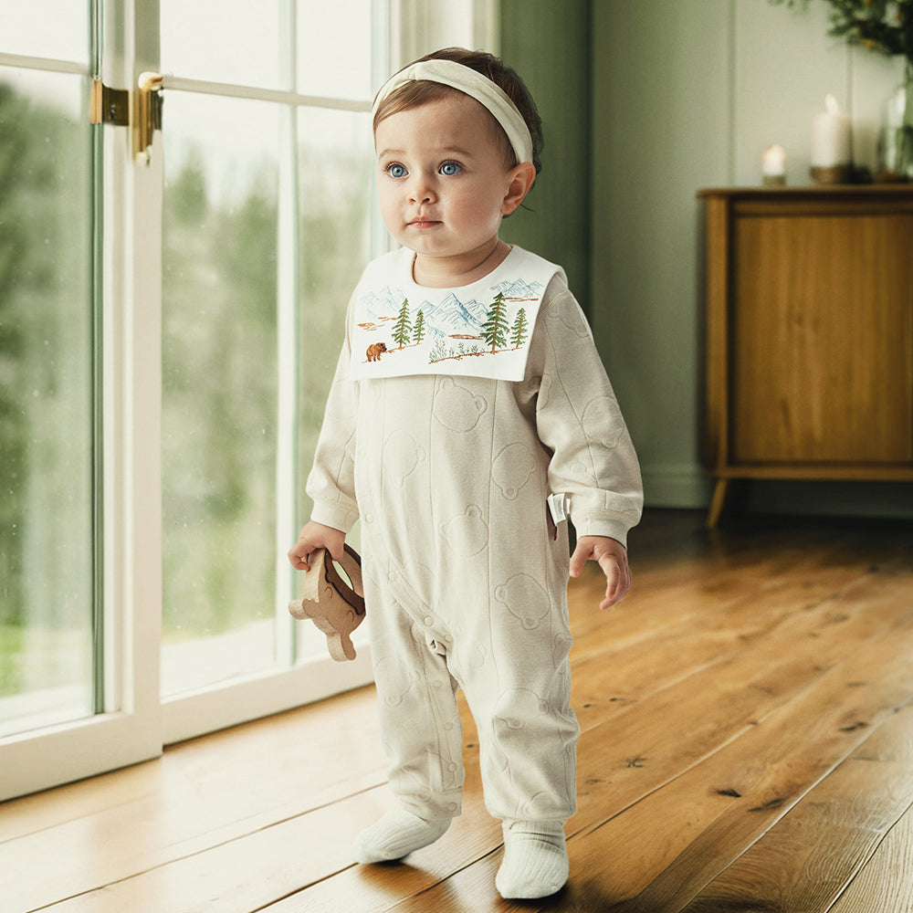 Bear Embroidered Bib Long Sleeve Romper