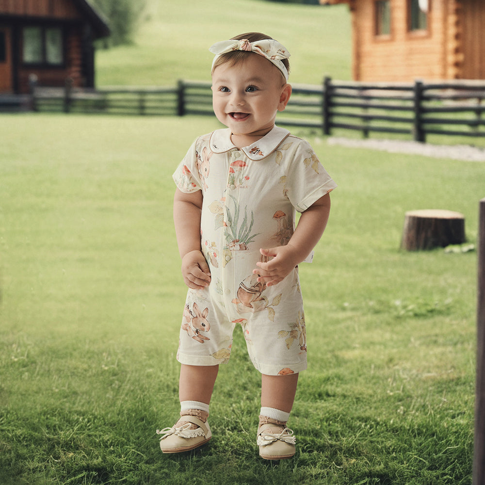 Cotton Baby Romper for 1-Year-Old – Soft Woodland Animal One-Piece with Peter Pan Collar | Summer Short Sleeve Outfit for Boys and Girls