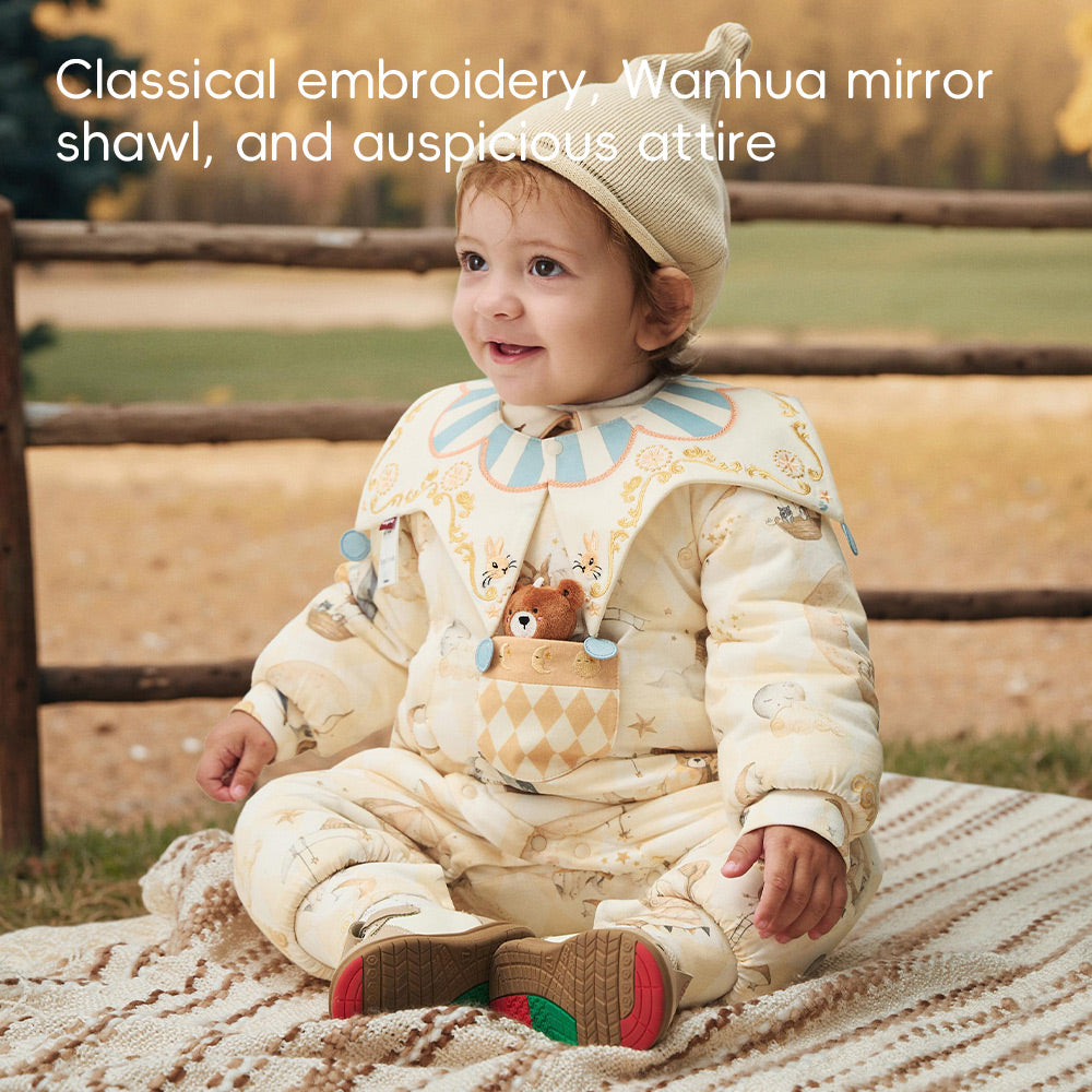 Vintage-Inspired Cotton Baby Romper with Peter Pan Collar | Cozy Storybook Print One-Piece (5°C–15°C)