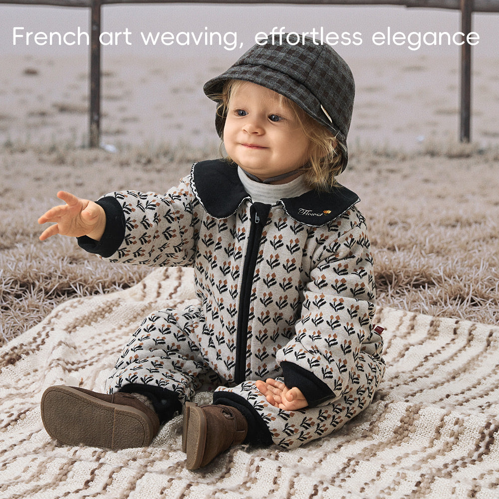 French Jacquard Knit Baby Romper | Soft Padded One-Piece with Contrast Collar (5°C–15°C)