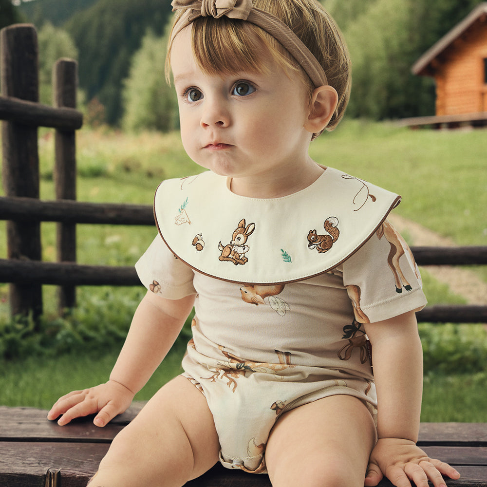 Cotton Baby Bib with Embroidered Woodland Animals – Soft & Gentle for Sensitive Skin