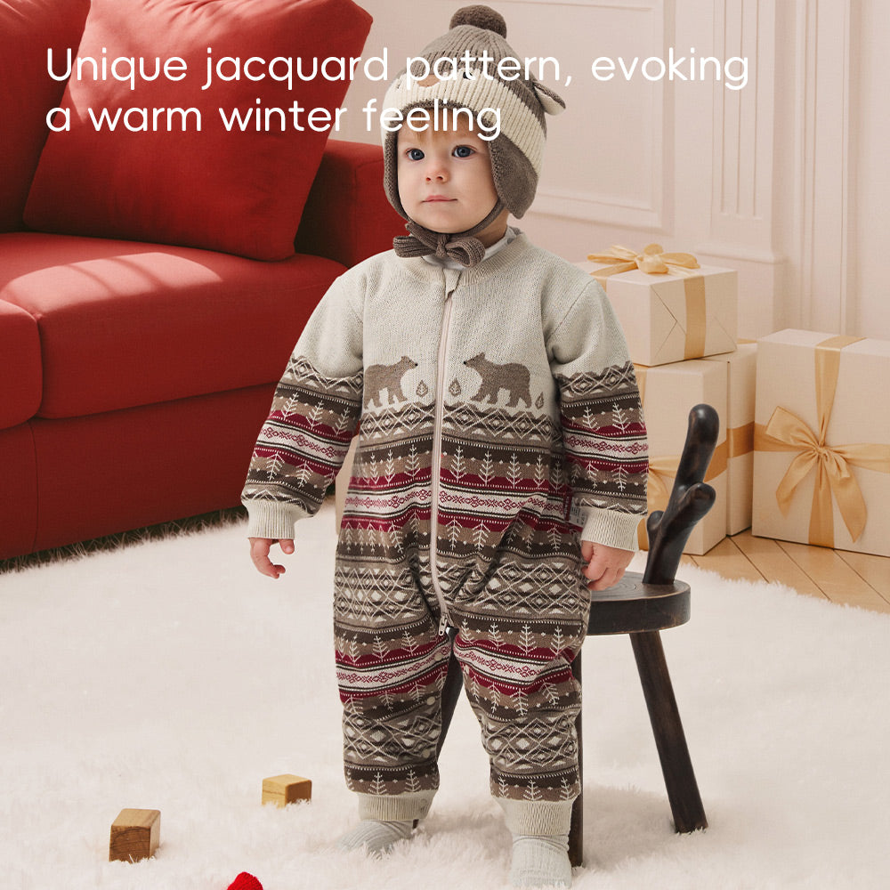 Fleece-Lined Baby Romper with Fair Isle Knit Print | Cozy One-Piece for Mild Winter (10°C–20°C)