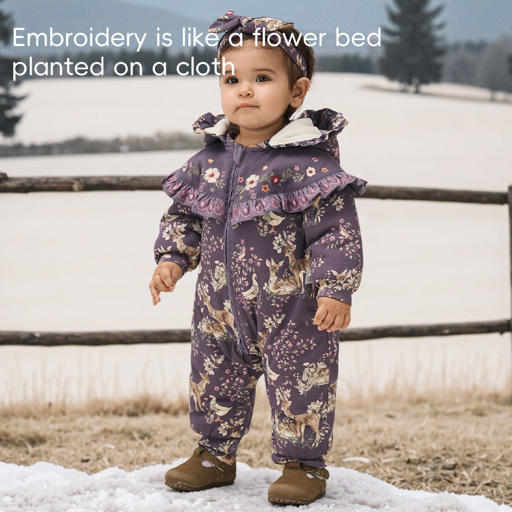 Floral Embroidered Cotton Baby Romper | Cozy Hooded One-Piece with Ruffle Cape (5°C–15°C)