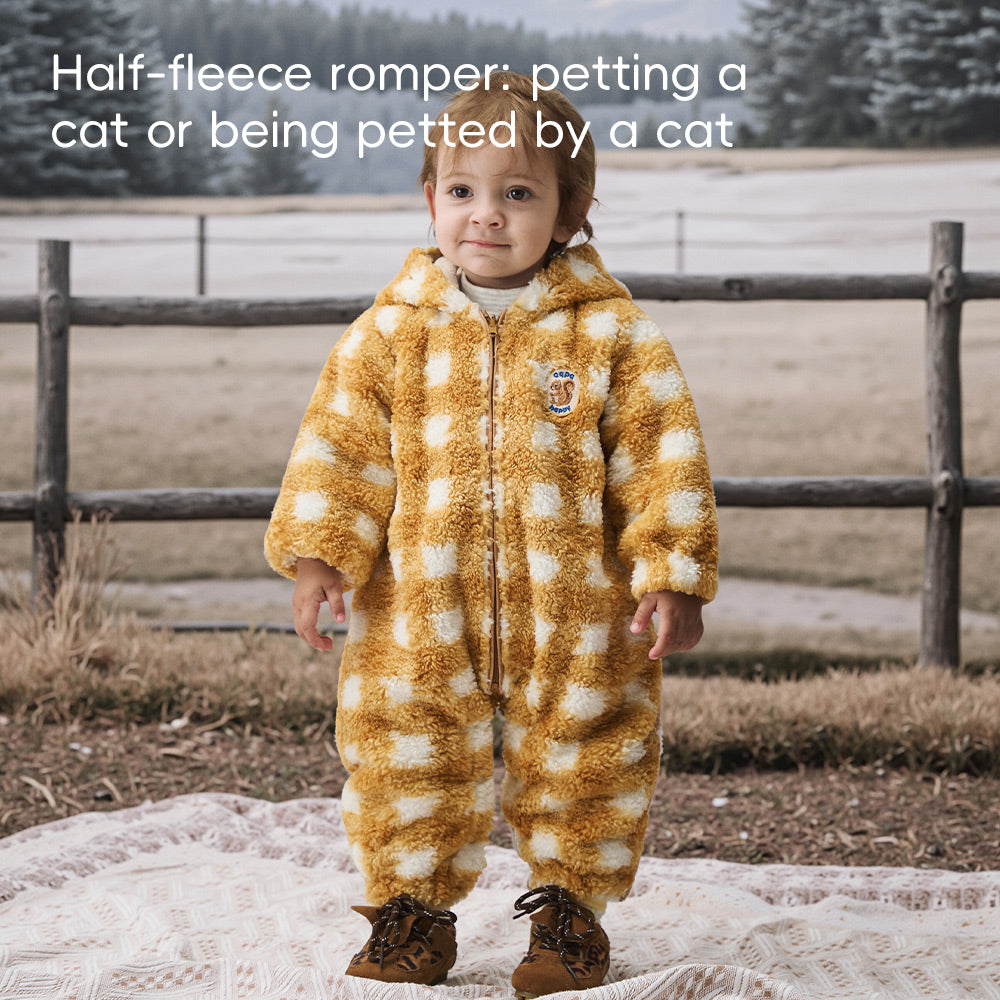 Soft Fleece Baby Romper with Checkered Design | Cozy Hooded One-Piece for Cool Weather (5°C–15°C)