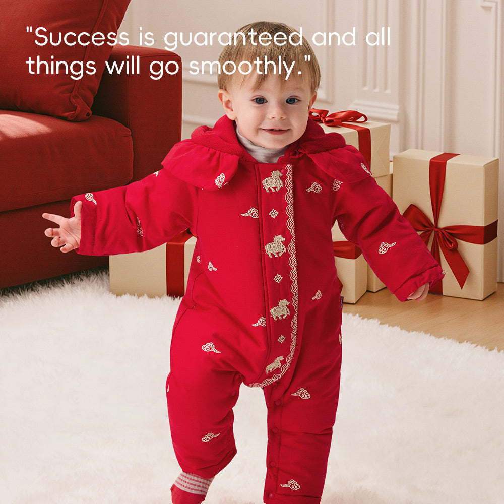 Soft Cotton Baby Romper in Festive Red | Cozy Fleece-Lined One-Piece for Cool Weather (0°C–15°C)