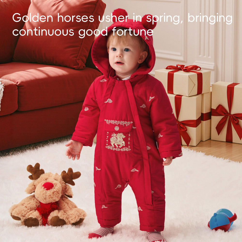 Festive Red Baby Romper with Scarf Hood | Soft Fleece-Lined Cotton One-Piece (0°C–15°C)