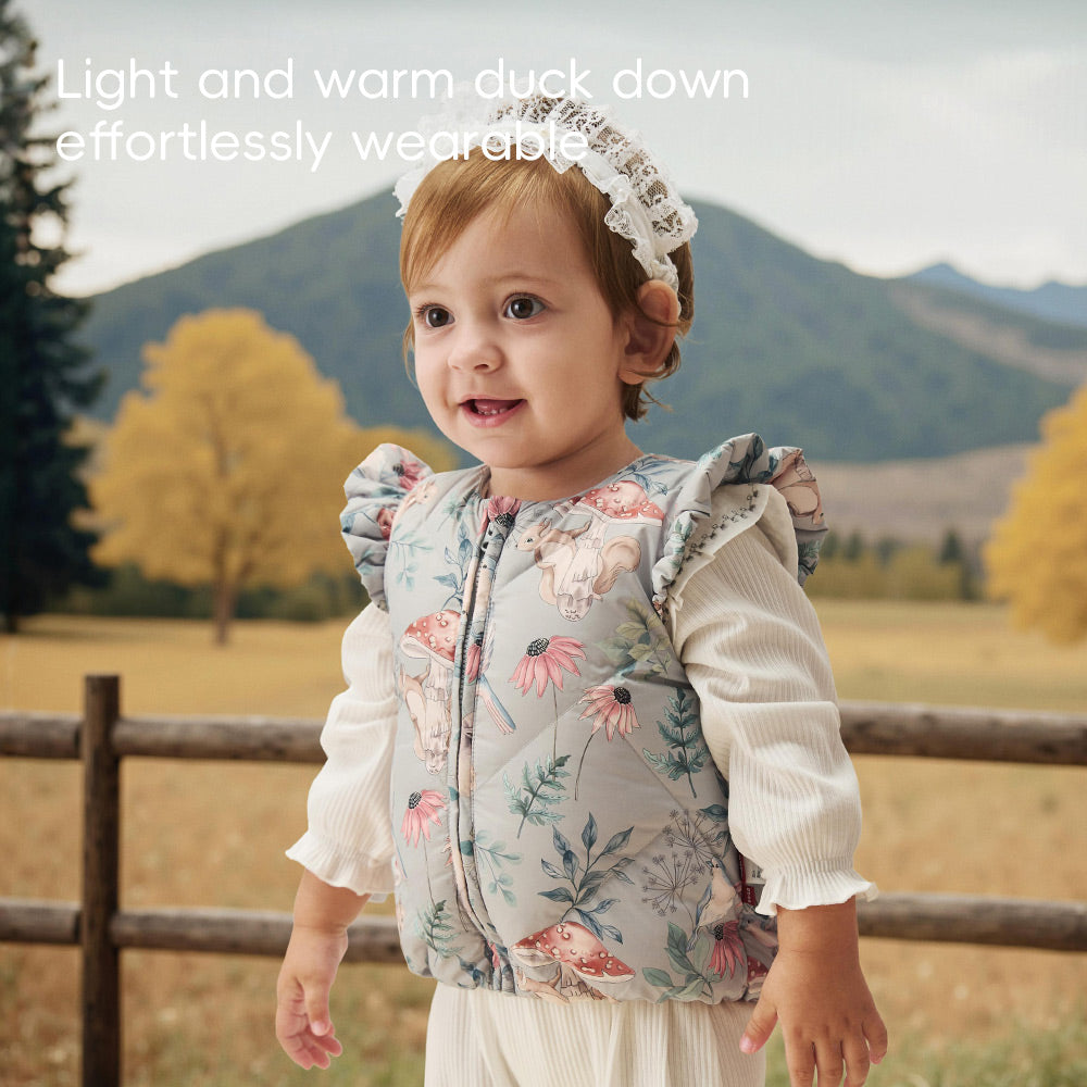 Lightweight Down Baby Vest with Floral Woodland Print | Cozy Layering Piece for Cool Weather (0°C–10°C)