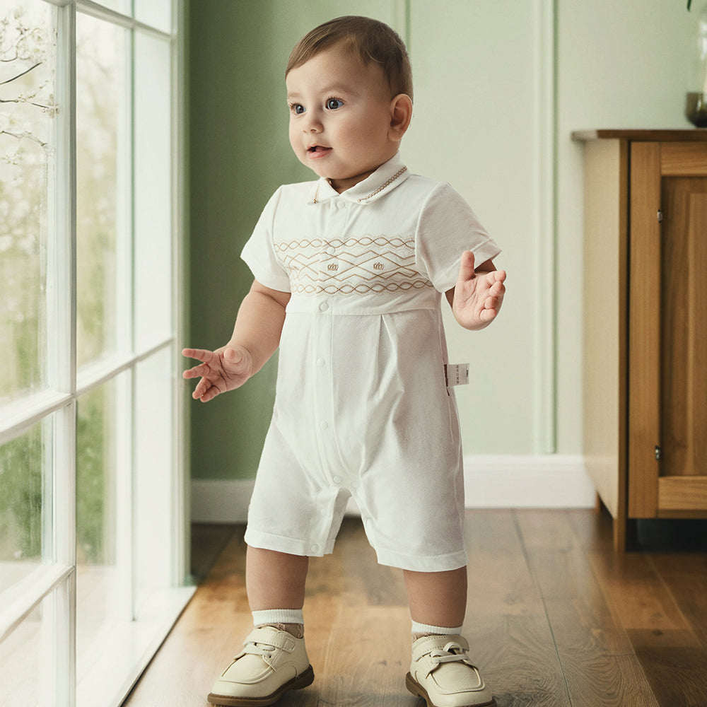 Embroidered Polo Collar romper in White (0mths-2yrs)