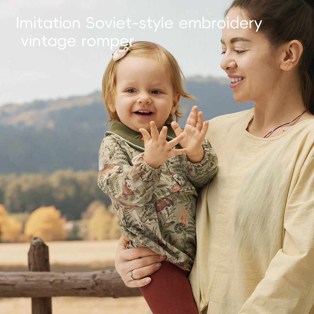 Baby Romper – Forest Mushroom Print with Embroidered Collar | Lightweight Snap Jumpsuit for Easy Diaper Change