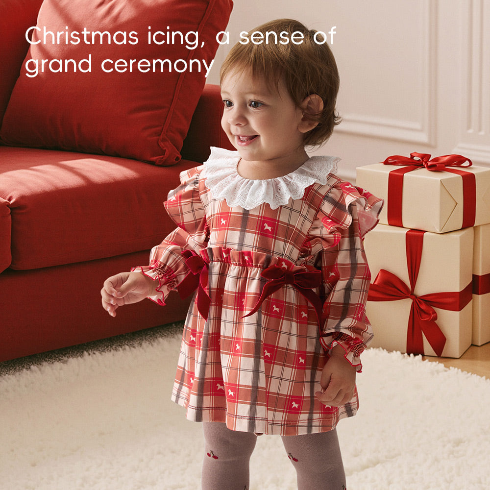 Organic Cotton Plaid Baby Romper Dress | Soft One-Piece with Lace Collar & Built-In Bodysuit