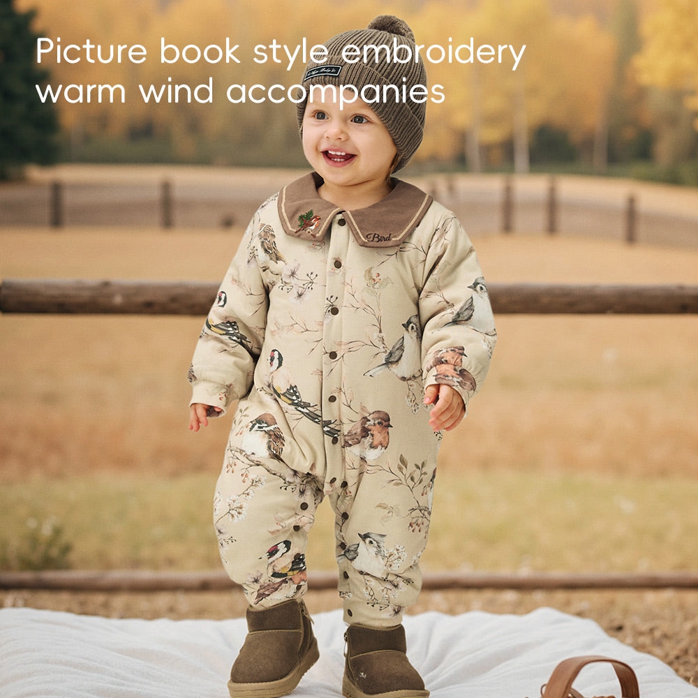 Sandwich-Layer Cotton + Bird Embroidery Collar + Baby Winter Romper