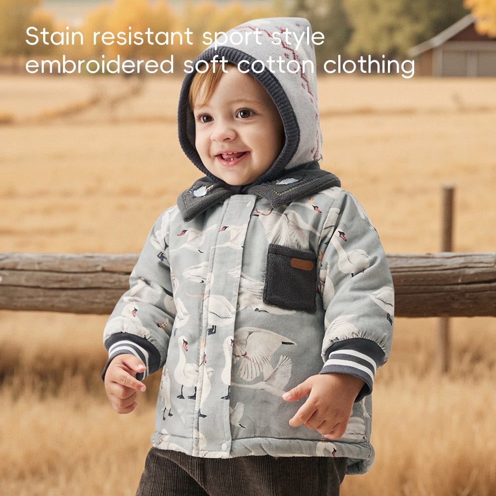 Soft Cotton Baby Jacket with Swan Embroidery | Cozy Hooded Coat for Cool Weather (5°C–15°C)